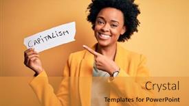  Presentation with capitalism - PPT theme with african-american-afro-businesswoman background and a gold colored foreground