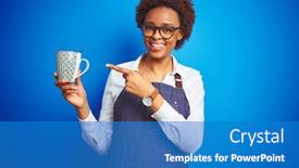  Presentation with bartender - Beautiful slides featuring african american barista woman wearing bartender uniform holding cup over blue background very happy pointing with hand and finger backdrop and a teal colored foreground