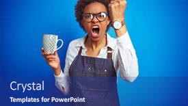  Presentation with bartender - Beautiful presentation design featuring african american barista woman wearing bartender uniform holding cup over blue background annoyed and frustrated shouting with anger crazy and yelling with raised hand anger concept backdrop and a navy blue colored foreground