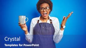  Presentation with winner cup - Presentation theme with african american barista woman wearing bartender uniform holding cup over blue background very happy and excited winner expression celebrating victory screaming with big smile and raised hands background and a ocean colored foreground