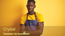  Presentation with bartender - Beautiful PPT layouts featuring african american bartender man wearing apron standing over isolated yellow background skeptic and nervous disapproving expression on face with crossed arms negative person backdrop and a tawny brown colored foreground