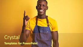  Presentation with bartender - Amazing presentation theme having african american bartender man wearing apron standing over isolated yellow background pointing finger up with successful idea exited and happy number one backdrop and a tawny brown colored foreground