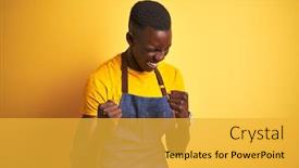  Presentation with bartender - Presentation design with african american bartender man wearing apron standing over isolated yellow background very happy and excited doing winner gesture with arms raised smiling and screaming for success celebration background and a yellow colored foreground