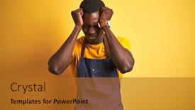  Presentation with bartender - Slide set consisting of african american bartender man wearing apron standing over isolated yellow background suffering from headache desperate and stressed because pain and migraine hands on head background and a gold colored foreground