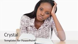  Presentation with kids reading book - Slides having african american bored woman - student trying to read background and a light gray colored foreground