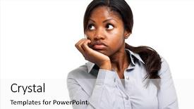  Presentation with kevlar black - PPT theme consisting of african american bored woman - thoughtful black businesswoman background and a white colored foreground