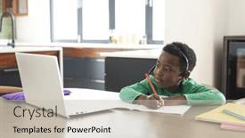  Presentation with african american - Slide set having african-american-boy-having-online and a soft green colored foreground