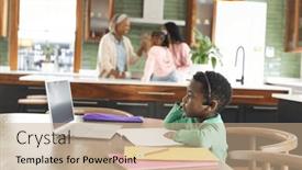  Presentation with african american - PPT theme with african-american-boy-having-online and a coral colored foreground