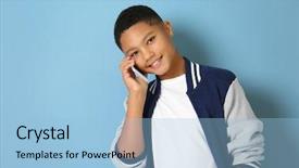  Presentation with african american - Beautiful theme featuring african american boy with cellphone backdrop and a light blue colored foreground
