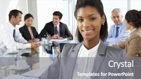  Presentation with teachers working around a table - Colorful presentation design enhanced with african american business - businesswoman sitting around boardroom table backdrop and a gray colored foreground
