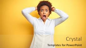  Presentation with woman hands open - Audience pleasing theme consisting of african american business woman over isolated yellow background crazy and scared with hands on head afraid and surprised of shock with open mouth backdrop and a yellow colored foreground