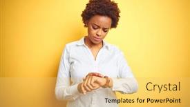  Presentation with african american business - Beautiful slide set featuring african american business woman over isolated yellow background checking the time on wrist watch relaxed and confident backdrop and a yellow colored foreground