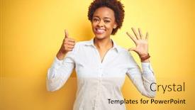 Presentation with african american in computer business - PPT theme with african-american-business-woman-over background and a yellow colored foreground