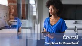  Presentation with african american meeting - Slide deck consisting of african-american-business-woman background and a ocean colored foreground