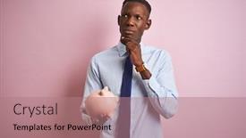  Presentation with piggy bank - Slide set enhanced with african-american-businessman-holding-piggy background and a coral colored foreground