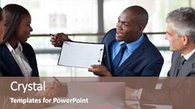  Presentation with sales figures - Cool new slide deck with african american businessman presenting figures backdrop and a violet colored foreground