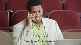  Presentation with cell - Presentation design with african american businessman using cell phone while sitting in auditorium background and a mint green colored foreground