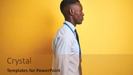  Presentation with face identification - Amazing slide set having african american businessman wearing identification card over isolated yellow background looking to side relax profile pose with natural face with confident smile backdrop and a gold colored foreground