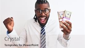  Presentation with proud american - Presentation design having african american businessman with braids holding dollars over isolated white background screaming proud and celebrating victory and success very excited cheering emotion background and a lemonade colored foreground