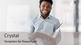  Presentation with african american business - Amazing slide deck having african american businessman with folder backdrop and a light gray colored foreground