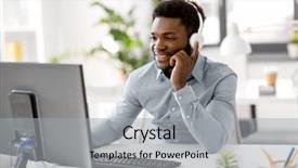  Presentation with computer music - Beautiful presentation design featuring african american businessman with headphones backdrop and a light gray colored foreground