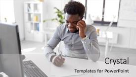  Presentation with business communication - Amazing PPT theme having african american businessman with papers backdrop and a  colored foreground