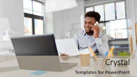  Presentation with african american in computer business - Audience pleasing slide deck consisting of african american businessman with papers backdrop and a  colored foreground