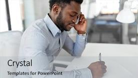  Presentation with african american business - Cool new PPT layouts with african american businessman with papers backdrop and a  colored foreground