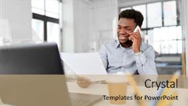  Presentation with business communication - Slide set featuring african american businessman with papers background and a  colored foreground