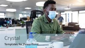  Presentation with social distancing - PPT theme featuring african-american-businessman-working background and a light blue colored foreground