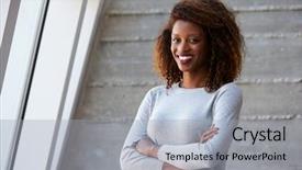  Presentation with african american women - Amazing slide deck having african american businesswoman standing backdrop and a light gray colored foreground