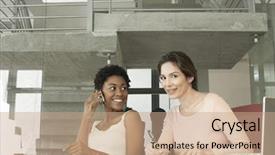  Presentation with notepad - Amazing PPT theme having african american businesswoman using mobile phone while female colleague writing on notepad in office backdrop and a coral colored foreground
