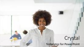  Presentation with african american meeting - Cool new PPT layouts with african american businesswoman using tablet backdrop and a light gray colored foreground