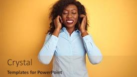  Presentation with yellow music - Presentation with african american businesswoman wearing elegant shirt over isolated yellow background covering ears with fingers with annoyed expression for the noise of loud music deaf concept background and a gold colored foreground