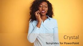  Presentation with african american dental - PPT theme having african american businesswoman wearing elegant shirt over isolated yellow background touching mouth with hand with painful expression because of toothache or dental illness on teeth dentist concept background and a yellow colored foreground