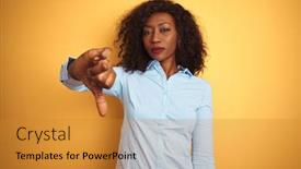  Presentation with bad - Colorful PPT theme enhanced with african american businesswoman wearing elegant shirt over isolated yellow background looking unhappy and angry showing rejection and negative with thumbs down gesture bad expression backdrop and a gold colored foreground