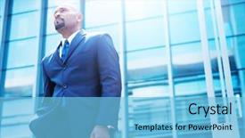  Presentation with front office - PPT theme featuring african american businnesman in front of glass office building background and a light blue colored foreground