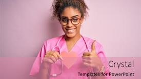  Presentation with american heart - Cool new PPT theme with african-american-cardiologist-girl-wearing backdrop and a coral colored foreground