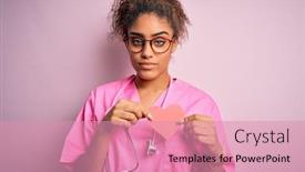  Presentation with cardiologist - Cool new PPT theme with african-american-cardiologist-girl-wearing backdrop and a coral colored foreground