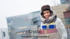  Presentation with gifts - Presentation design having african american christmas - happy woman looking away while background and a light blue colored foreground