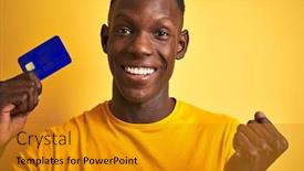  Presentation with proud american - Presentation theme enhanced with african american customer man holding credit card standing over isolated yellow background screaming proud and celebrating victory and success very excited cheering emotion background and a gold colored foreground