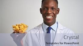  Presentation with macaroni - Presentation consisting of african american doctor man holding bowl with macaroni pasta over isolated white background with a happy face standing and smiling with a confident smile showing teeth background and a light blue colored foreground