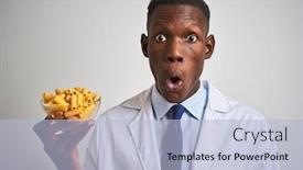  Presentation with macaroni - Amazing presentation theme having african american doctor man holding bowl with macaroni pasta over isolated white background scared in shock with a surprise face afraid and excited with fear expression backdrop and a light blue colored foreground