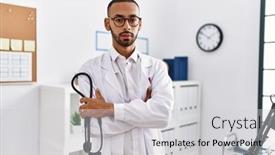  Presentation with doctor african - Presentation theme consisting of african-american-doctor-man-holding background and a light gray colored foreground