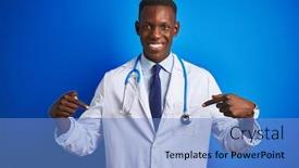  Presentation with proud american - Slide deck with african american doctor man wearing stethoscope standing over isolated blue background looking confident with smile on face pointing oneself with fingers proud and happy background and a teal colored foreground