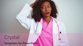  Presentation with african american woman question - Amazing PPT layouts having african american doctor woman wearing pink stethoscope over isolated white background confuse and wonder about question uncertain with doubt thinking with hand on head pensive concept backdrop and a coral colored foreground