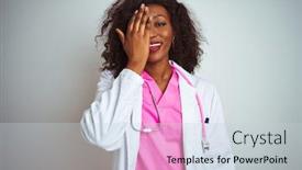  Presentation with eye doctor - Cool new PPT layouts with african american doctor woman wearing pink stethoscope over isolated white background covering one eye with hand confident smile on face and surprise emotion backdrop and a lemonade colored foreground