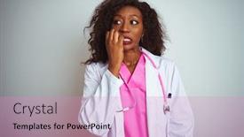  Presentation with pink nails - Beautiful slide deck featuring african american doctor woman wearing pink stethoscope over isolated white background looking stressed and nervous with hands on mouth biting nails anxiety problem backdrop and a coral colored foreground