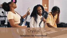  Presentation with music singing - Presentation theme having african-american-friends-musicians-group background and a coral colored foreground