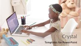  Presentation with school desk - Presentation design featuring african-american-girl-in-bedroom background and a soft green colored foreground